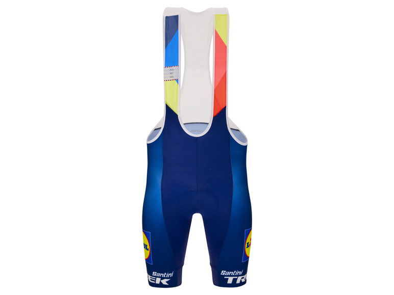 Un cuissard de cyclisme bleu avec bretelles Santini avec le logo de Trek et Lidl.