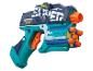 Speelgoedblaster met 'MODEL SUPER RAPID FIRE' tekst, in teal, blauw en oranje kleuren.