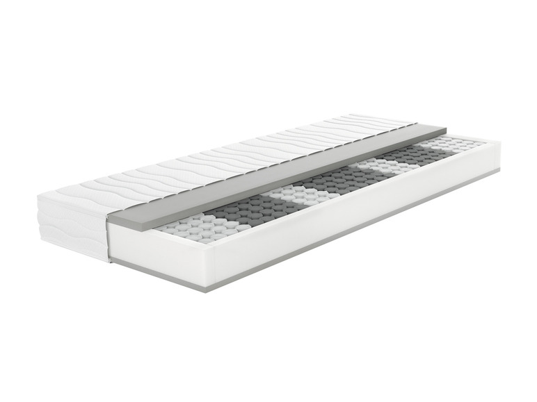 Een doorsnede van een matras met comfortlagen en een pocketvering kern.