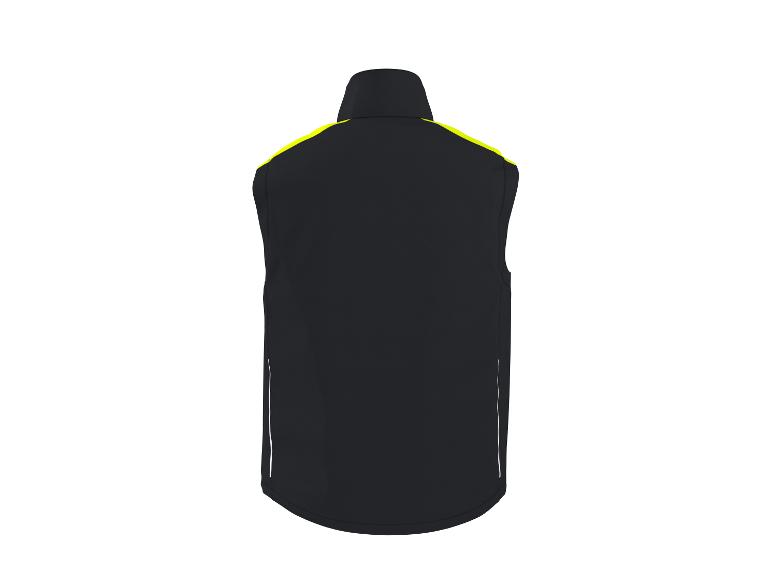 Zwart sportvest met gele en witte accenten, achteraanzicht.