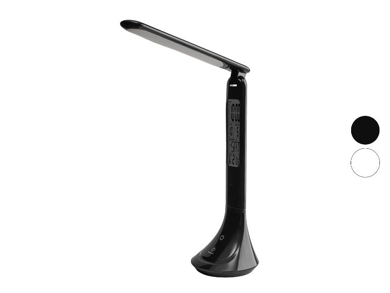 Lampe de bureau LED avec horloge et thermomètre intégrés.