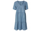 Une robe en jean bleu clair à manches courtes et col en V.