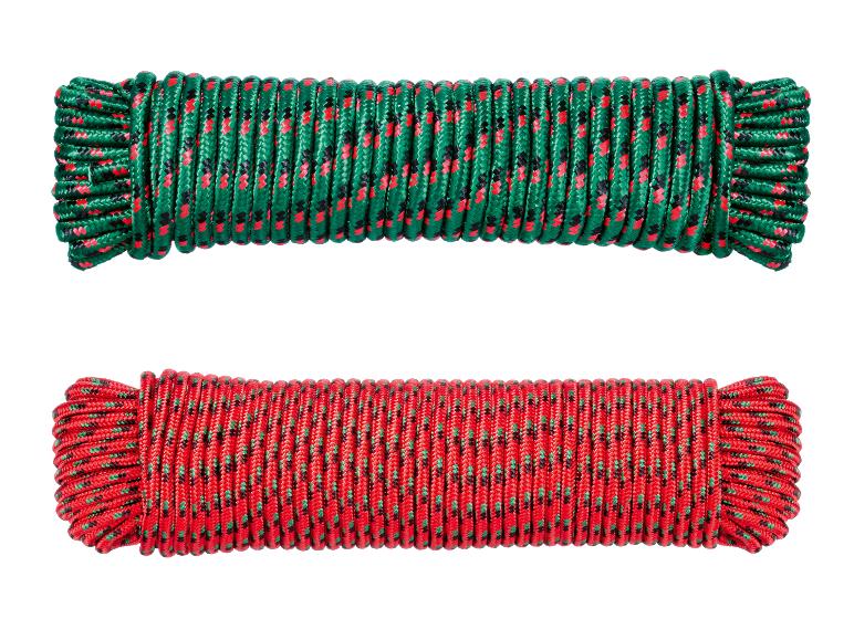 Twee rollen elastisch touw in groen en rood, met zwarte en contrasterende kleurdetails.