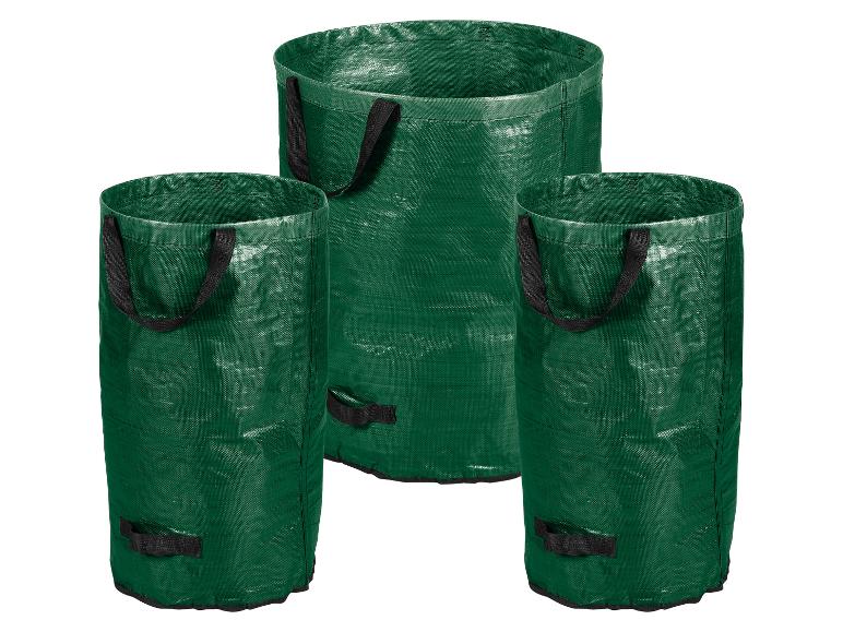Trois sacs de déchets de jardin verts avec poignées
