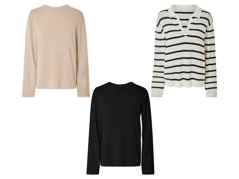 Trois pulls en maille : beige, blanc et noir rayé, et noir.