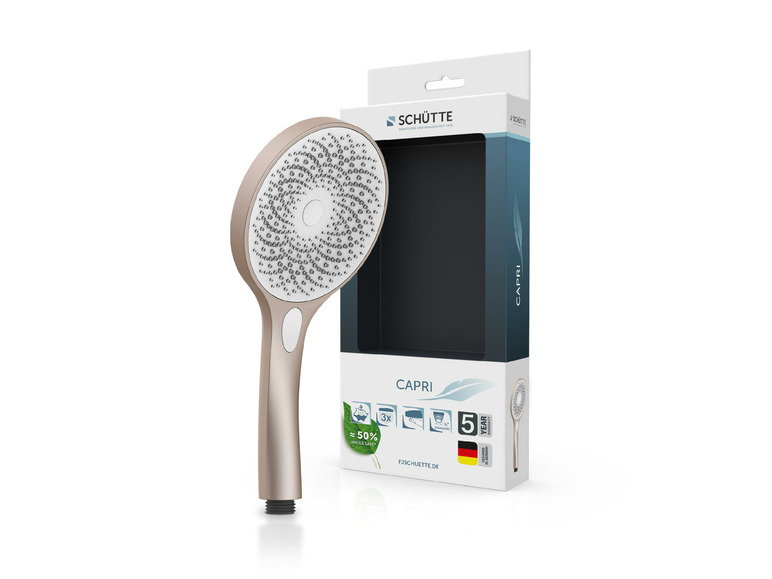 Une pomme de douche dorée Schütte, modèle Capri.