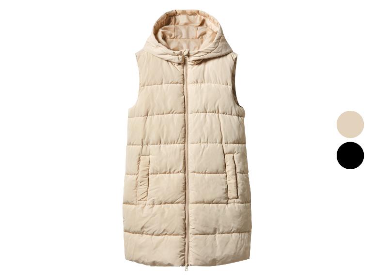 Lange beige gewatteerde bodywarmer met capuchon en een zwarte kleuroptie.