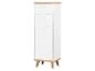 Meuble de rangement blanc et bois clair avec trois tiroirs et pieds inclinés.