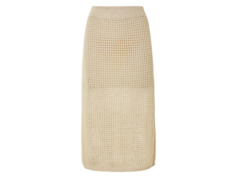 Lange beige gebreide rok met opengewerkt patroon.