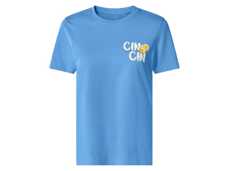 Blauw T-shirt met korte mouwen met 'CIN CIN' opdruk en een citroencocktail.