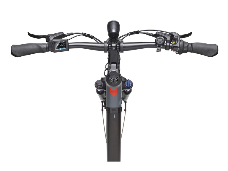 Het stuur van een zwarte elektrische fiets met een Shimano versnellingshendel.