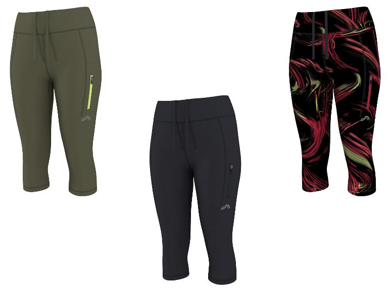 Drie paar dames 3/4 leggings: olijfgroen, zwart en zwart met rood-groen patroon.