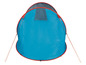 Een blauwe pop-up tent met rode accenten.