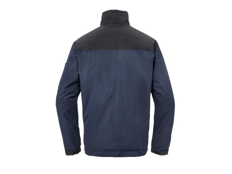 Achteraanzicht van een donkerblauwe jas met zwarte kraag en schouders.