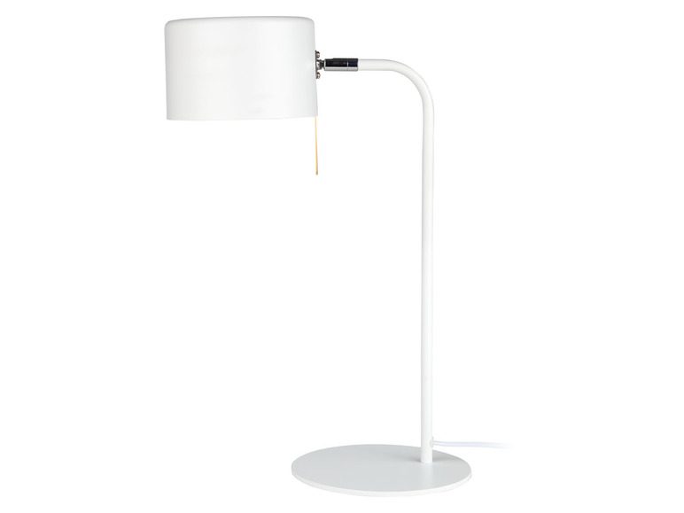 Une lampe de table blanche avec un abat-jour rond.