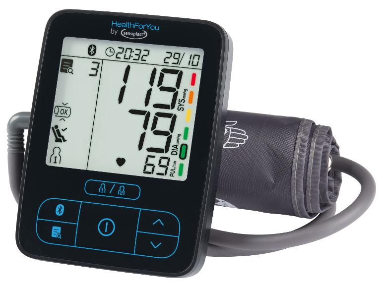 HealthForYou sensiplast digitale bloeddrukmeter met LCD-scherm en manchet.