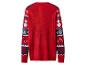 Pull de Noël rouge avec des motifs de bonhommes de neige, de flocons et de cannes à sucre sur les manches.