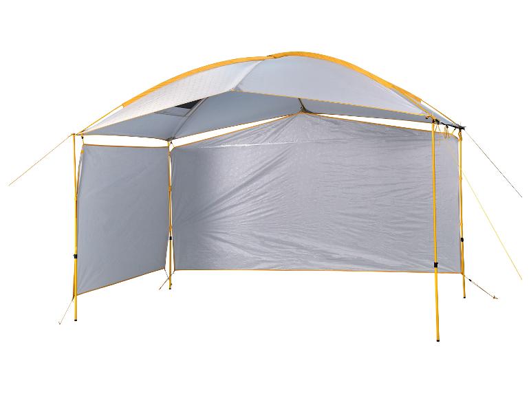 Auvent de camping gris et jaune avec panneaux latéraux amovibles.