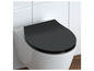 Een zwart toiletbril op een wit toilet.