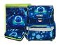 Ensemble scolaire avec sac à dos, sac de sport et trousse dans les tons bleus avec motif ballon de football.