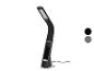 Lampe de bureau LED noire avec base et panneau tactile, avec deux échantillons de couleur.