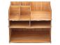 Houtkleurige bureau-organizer met meerdere vakken en planken.
