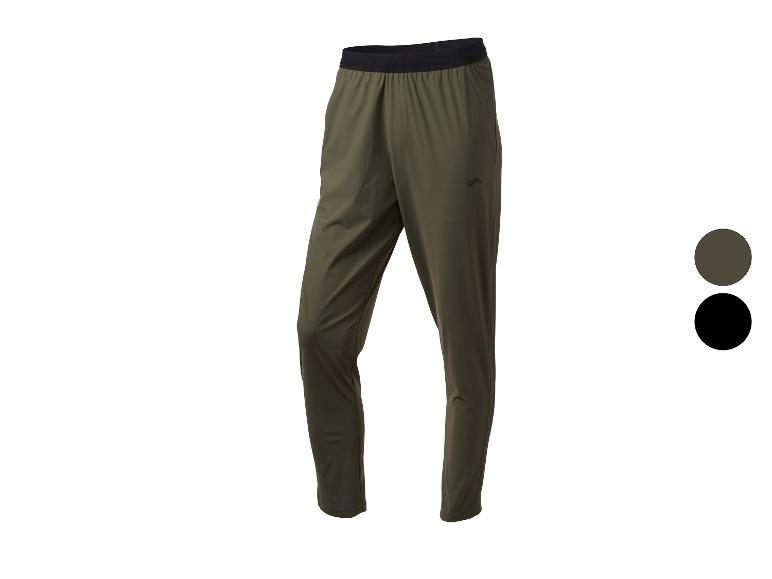 Pantalon de sport kaki avec taille élastique noire et logo, avec options de couleur marron et noir.