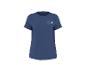Blauw T-shirt met het woord 'Smile' en een kleine bloem op de borst.