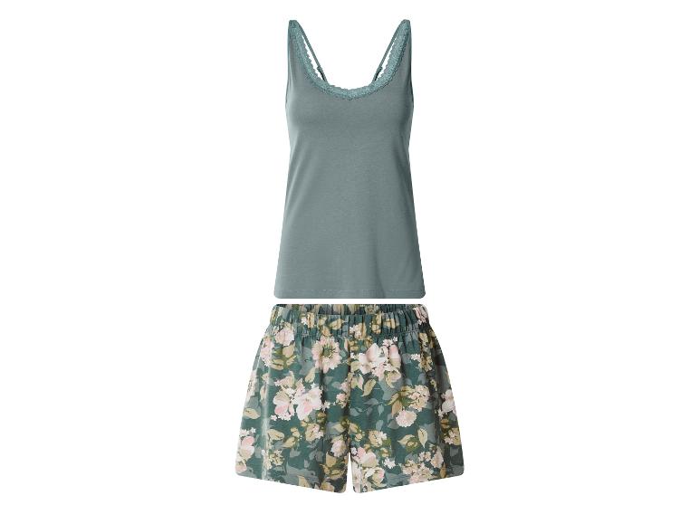Pyjama femme avec débardeur vert à dentelle et short fleuri.