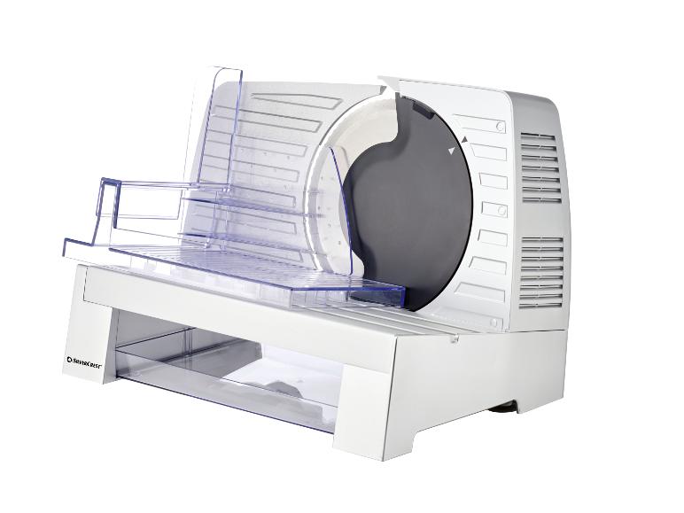 Een witte en transparante SilverCrest snijmachine met een roterend mes.