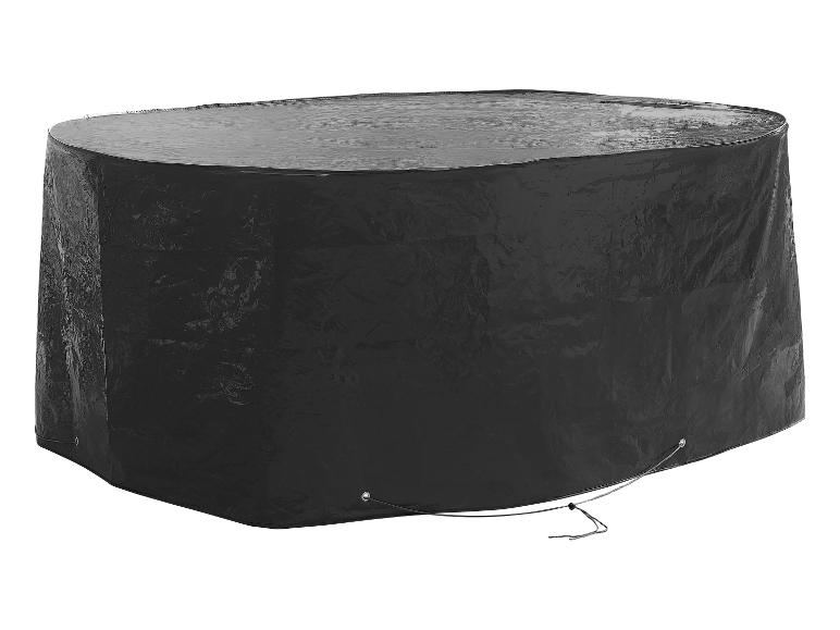 Een zwarte beschermhoes voor een ronde tafel.