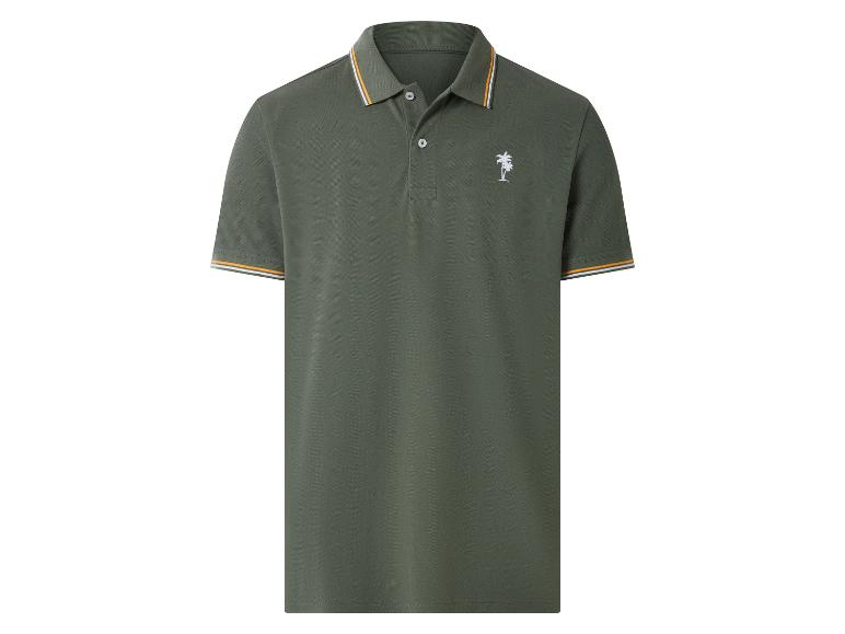 Polo vert olive avec col et poignets rayés, orné d'une broderie de palmier blanc.
