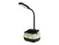 Lampe de bureau noire avec support de téléphone intégré.