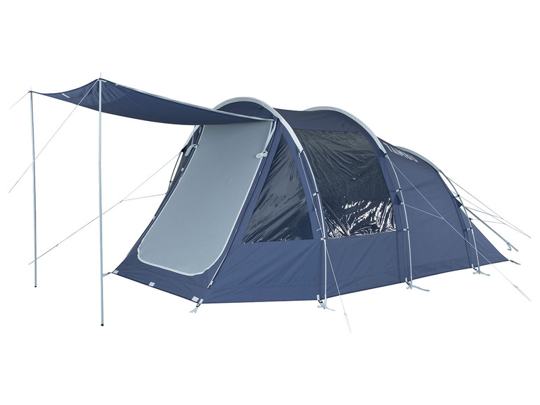 Een blauwe tent met een luifel.