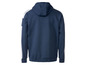 Un sweat-shirt à capuche bleu marine avec des rayures blanches.