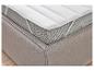 Protège-matelas blanc avec élastiques sur un lit rembourré beige.