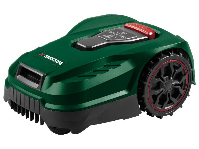 Groene Parkside robotmaaier met zwarte wielen en rode STOP-knop.