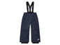 Een blauwe ski-broek met bretels voor kinderen.