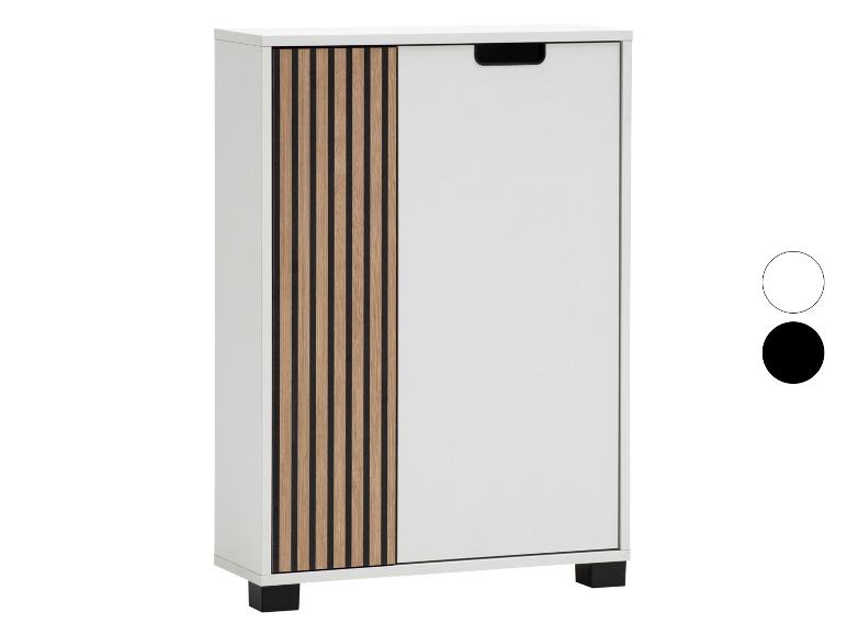 Meuble blanc avec porte à lattes en bois et poignée noire