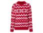 Un pull rouge avec un motif de flocons de neige blancs.