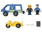 Une voiture de police bleue, une moto et des figurines de policiers.