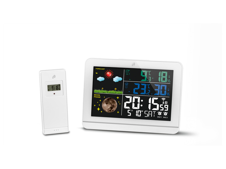 Une station météo sans fil blanche avec un écran numérique affichant l'heure, la température et l'humidité.