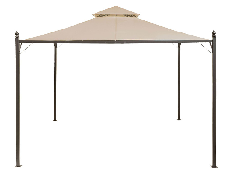 Een beige gazebo met metalen frame