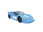 Een blauwe raceauto met witte strepen