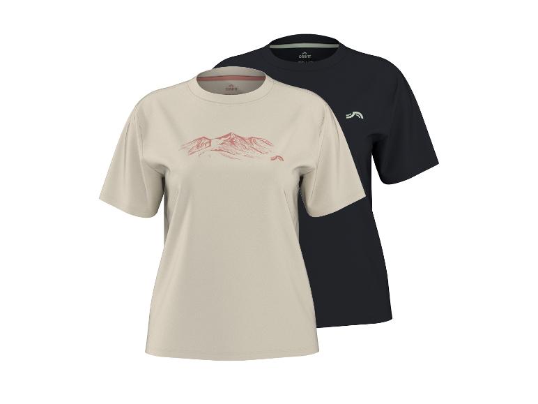 Twee T-shirts met korte mouwen, één beige met bergprint en één effen zwart.