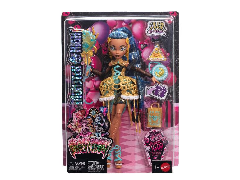 Poupée Monster High Cleo De Nile dans son emballage avec accessoires et thème d'anniversaire.