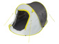 Een grijze en witte pop-up tent met gele accenten.