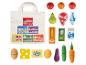 Ensemble de jeu alimentaire en bois et sac de courses avec images d'étagères de magasin.