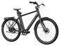 Een zwarte elektrische fiets met een achterdrager en een belt aandrijving.