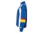 Blauw-wit Lidl sportjack met gekleurde strepen.